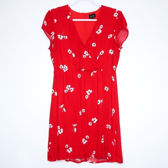 Bardot Womens Mini Wrap Dress‎ Size 8 Medium Red White Floral V-neck Feminine - Picture 1 of 12